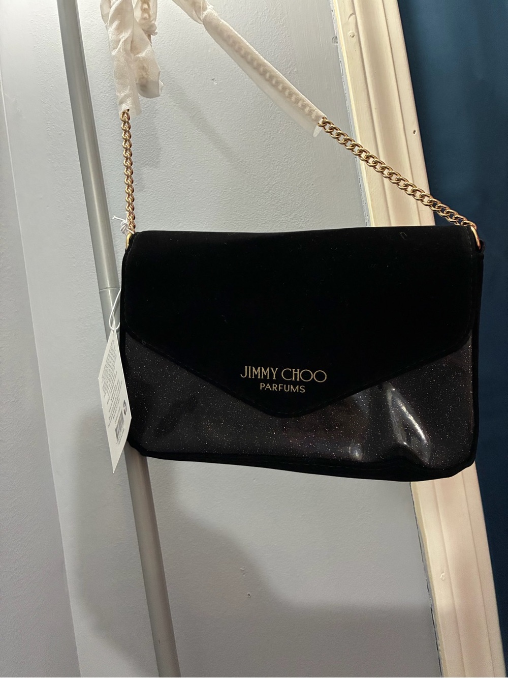 Jimmy Choo Black Velvet & Glitter Shoulder Bag with Gold Chain